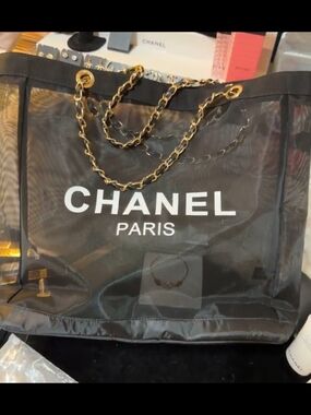 New CHANEL Black Mesh Tote with Gold Chain Strap